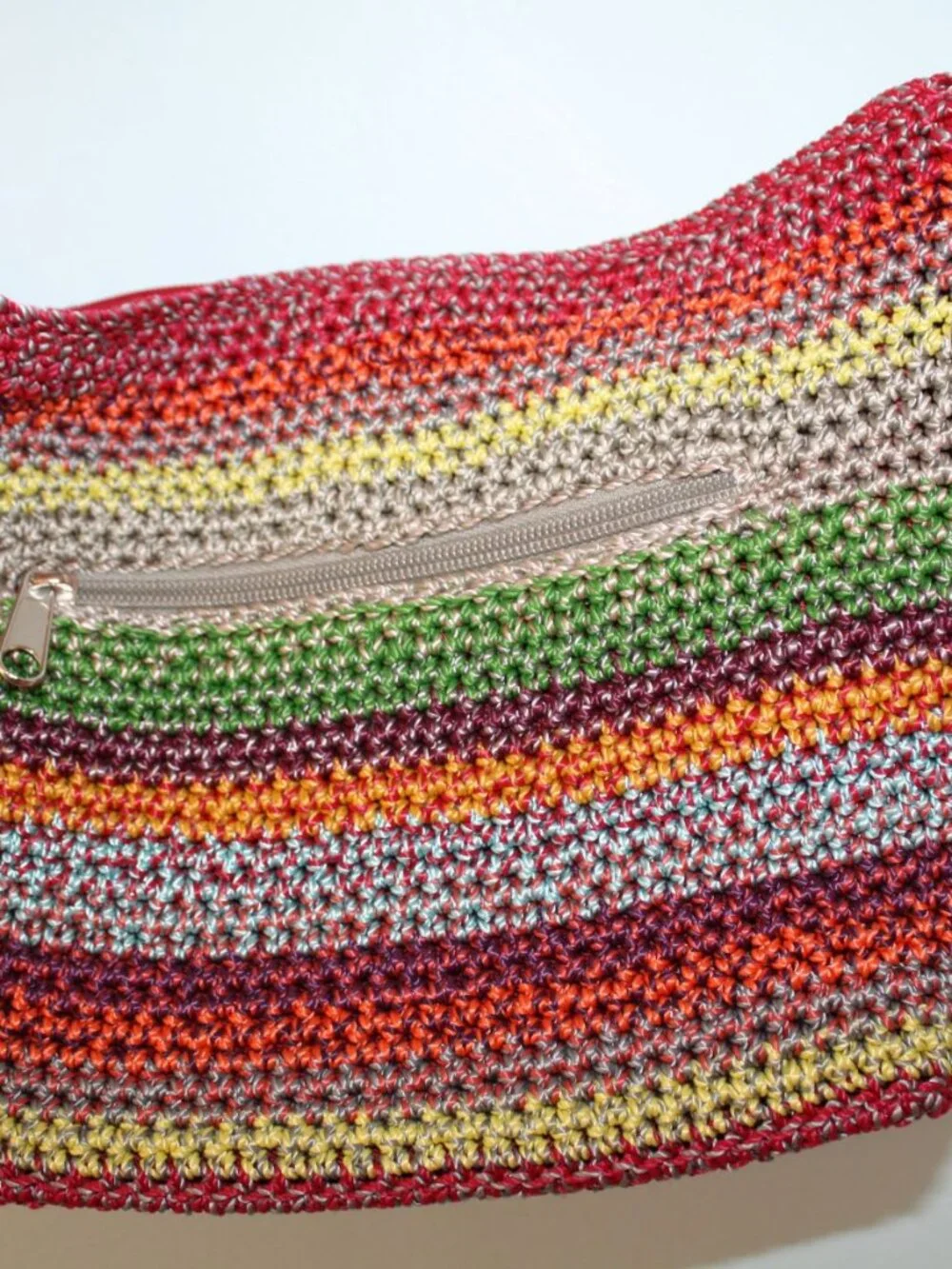 The Sak Small Rainbow Striped Bohemian Crochet Shoulder Purse Zip Top Red Lining